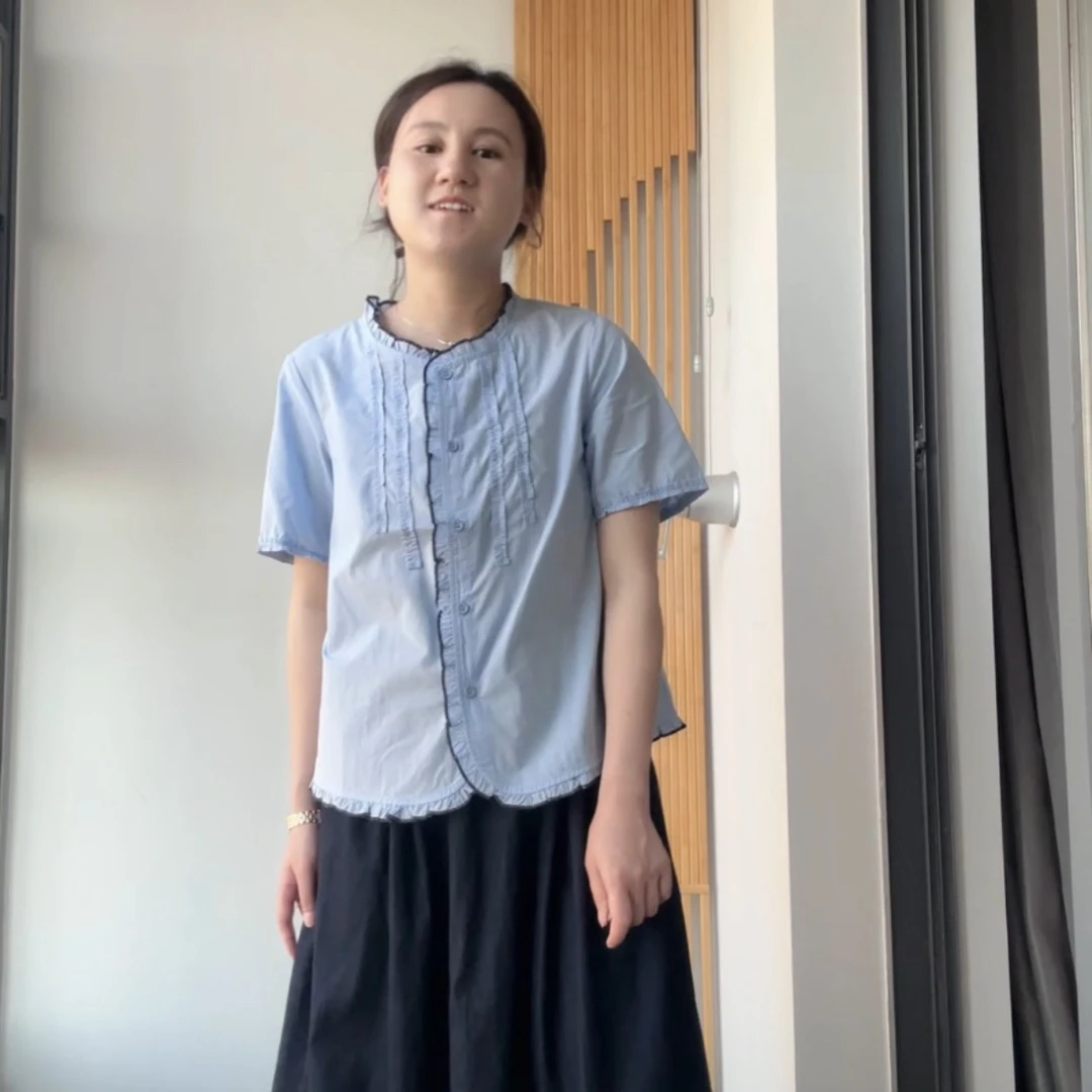 109起夏季女士圆领下摆花边宽松短袖娃娃衫纯色小衫