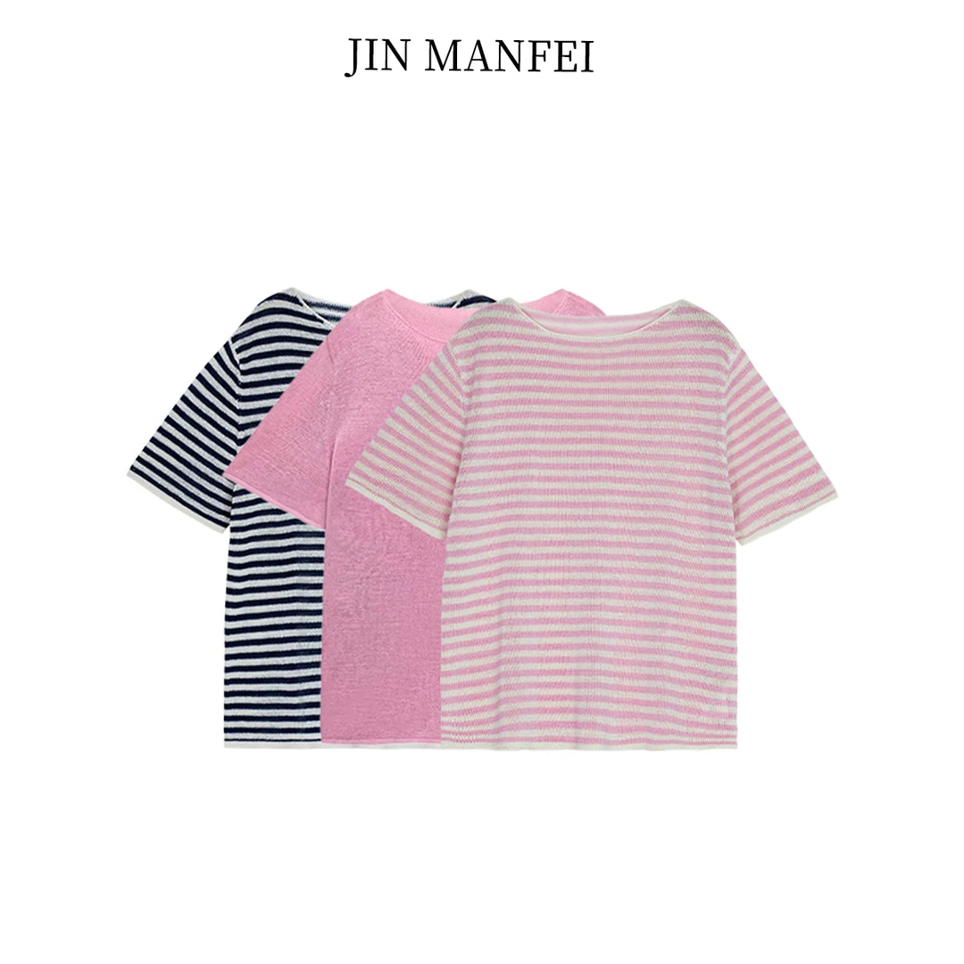 金曼妃夏季新款温柔慵懒风圆领针织短袖上衣大码女装条纹t恤女