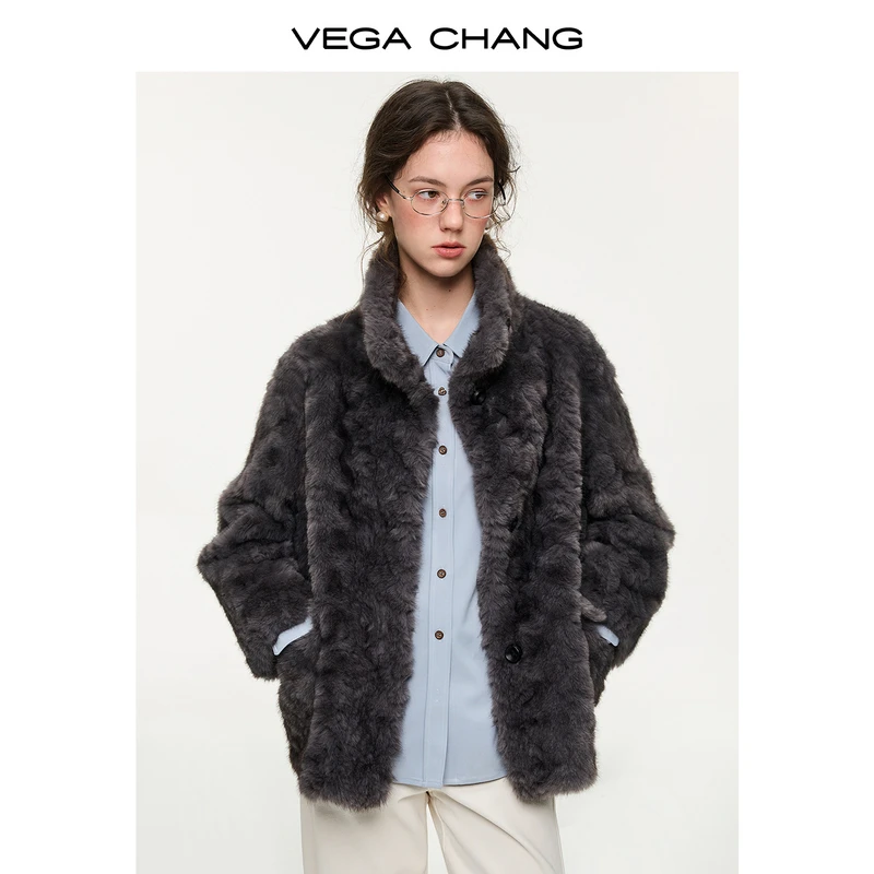 【灰绒雅韵】VEGACHANG灰调毛绒立领外套女2025冬季皮草外套0316TT