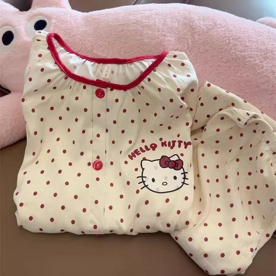 日系波点卡通kitty猫睡衣女甜美可爱春秋薄款开衫长袖长裤家居服