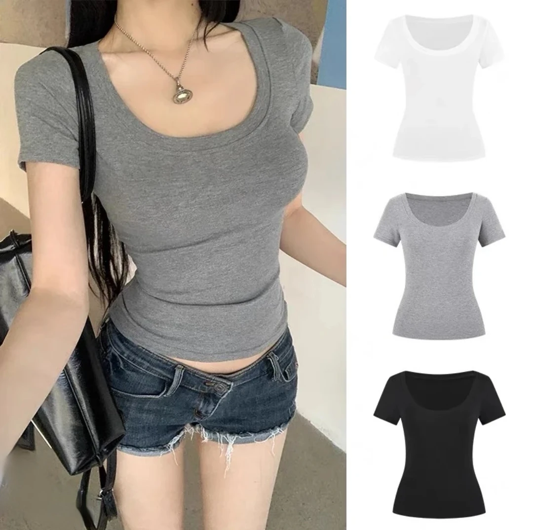 静静严选新款（紫皇冠）显瘦u领正肩T恤短袖上衣027背心辣妹短款