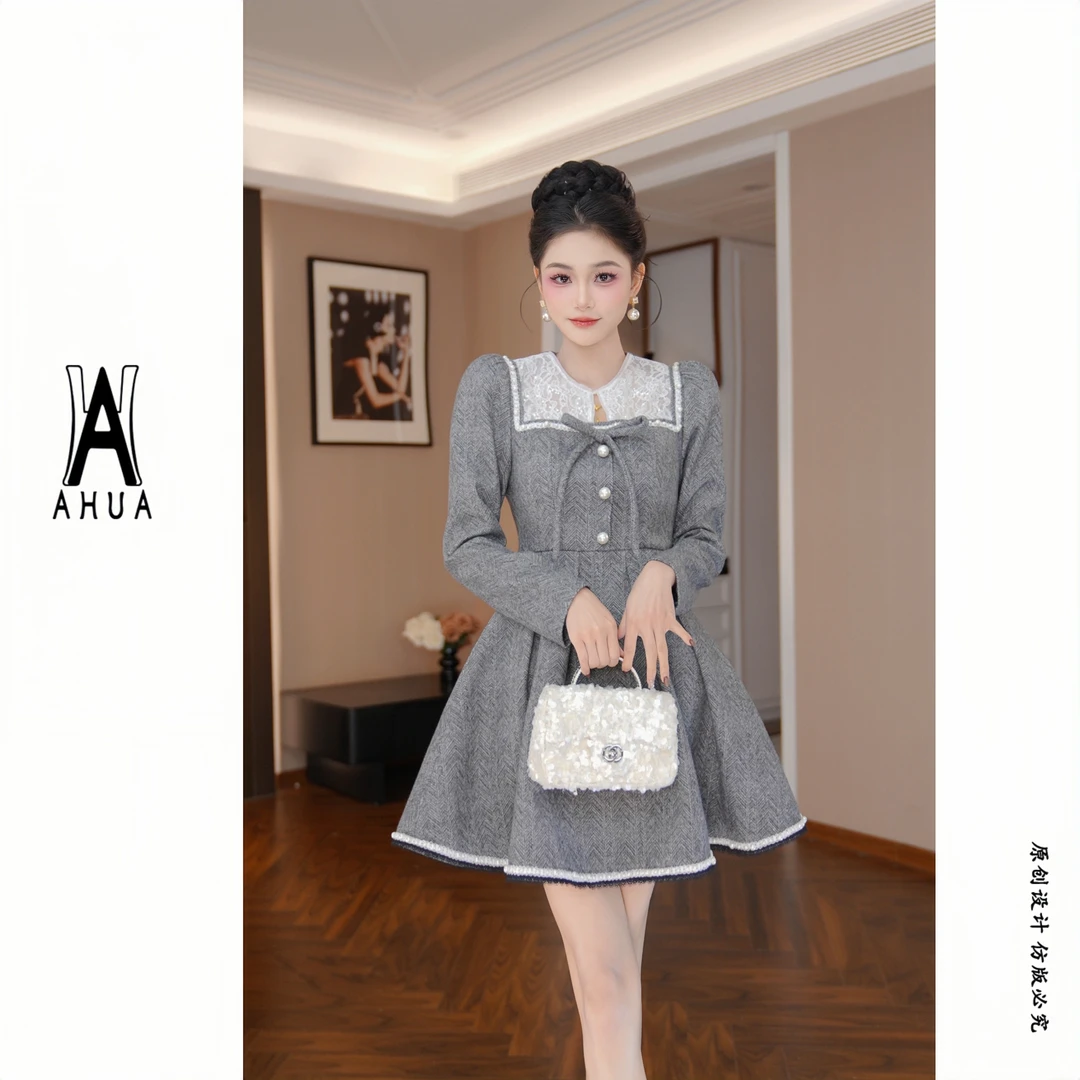 【花花原创】少女风纯色蝴蝶短裙甜美收腰设计感连衣裙61352