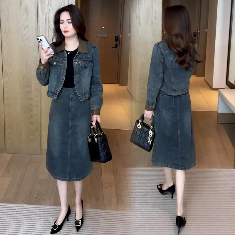 时尚连衣裙套装女2025春季新款洋气质减龄牛仔短外套裙子两件套裙