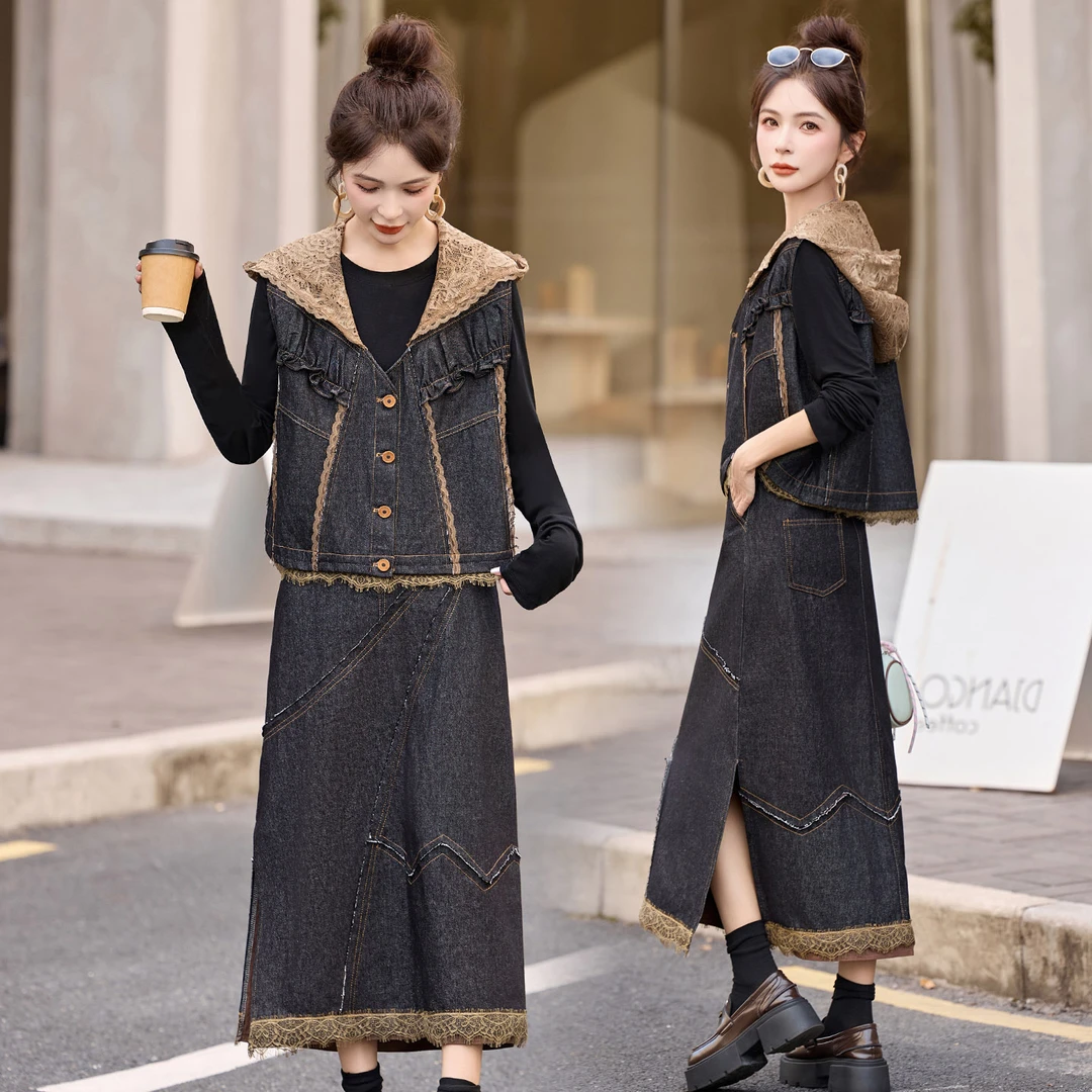 老钱风撞色蕾丝拼接牛仔套装女2025春秋新款时尚休闲半身裙三件套