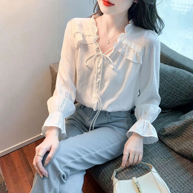 春装新款荷叶边V领蝴蝶结气质雪纺衫上衣超仙白衬衫女显瘦法式女