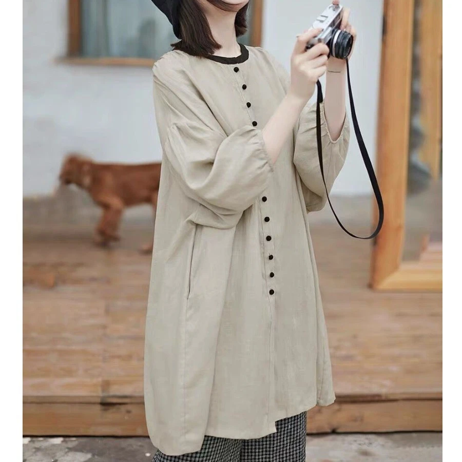 文艺大码简约棉麻纯色风衣外套女秋季中长款洋气休闲亚麻开衫上衣