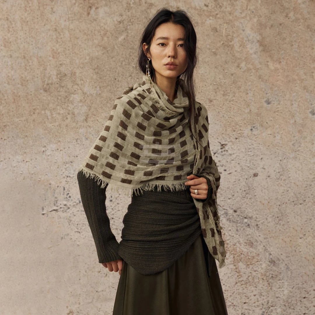 CatalpaLew「疏边」墟生美学双面格子披肩文艺亚麻羊毛围脖#C40269