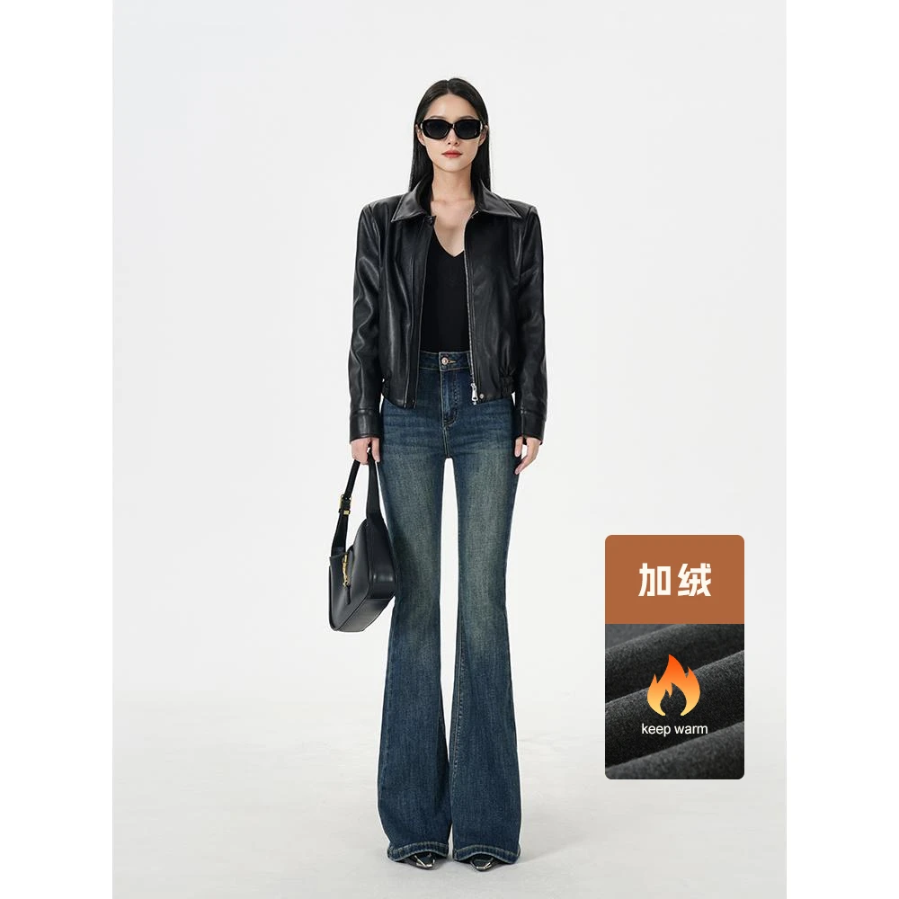 复古高腰加绒微喇叭2024冬季新款爆款牛仔裤女修身显瘦微喇长裤
