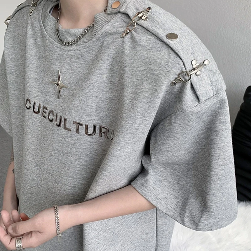 美式400g重磅垫肩t恤男金属扣设计感短袖夏季解构风小领口七分袖