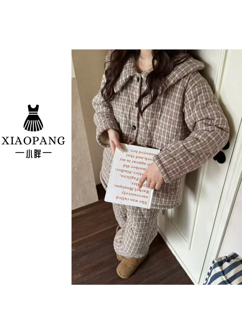 【小胖家】29278韩系大翻领简约格子睡衣套装