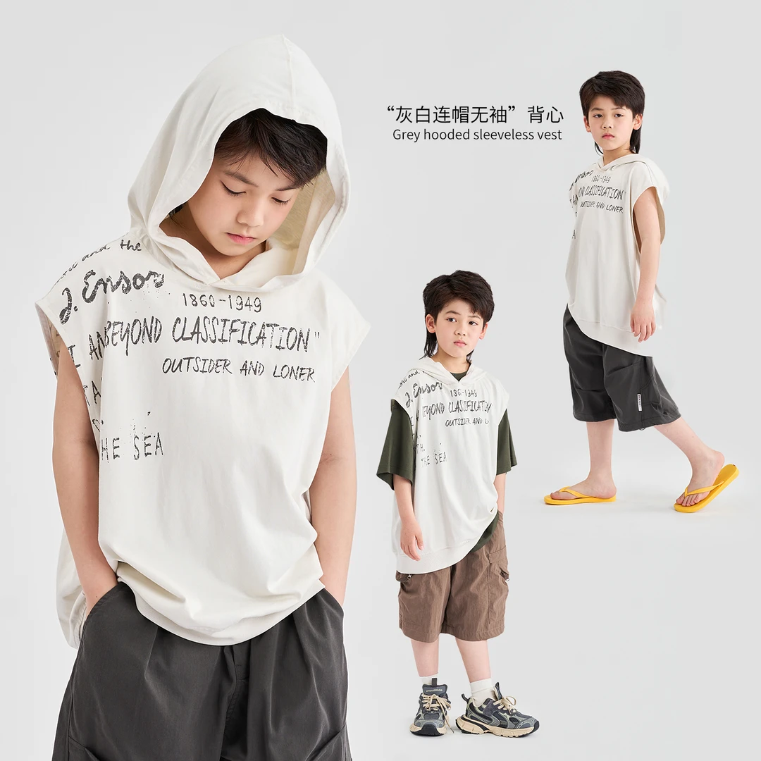 MT原创童装日系男童灰白连帽无袖背心字母印花夏季新款街舞演出服