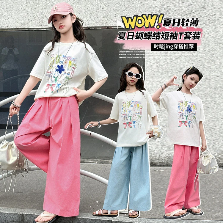 女童套装夏季2025新款洋气儿童女大童夏装短袖T恤直筒裤两件套潮.