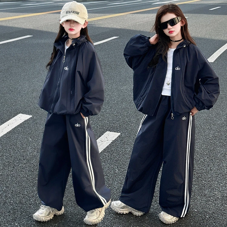 沐语童&拉条休闲套装 女童秋季中大童条纹牛仔套装夹克元气时髦