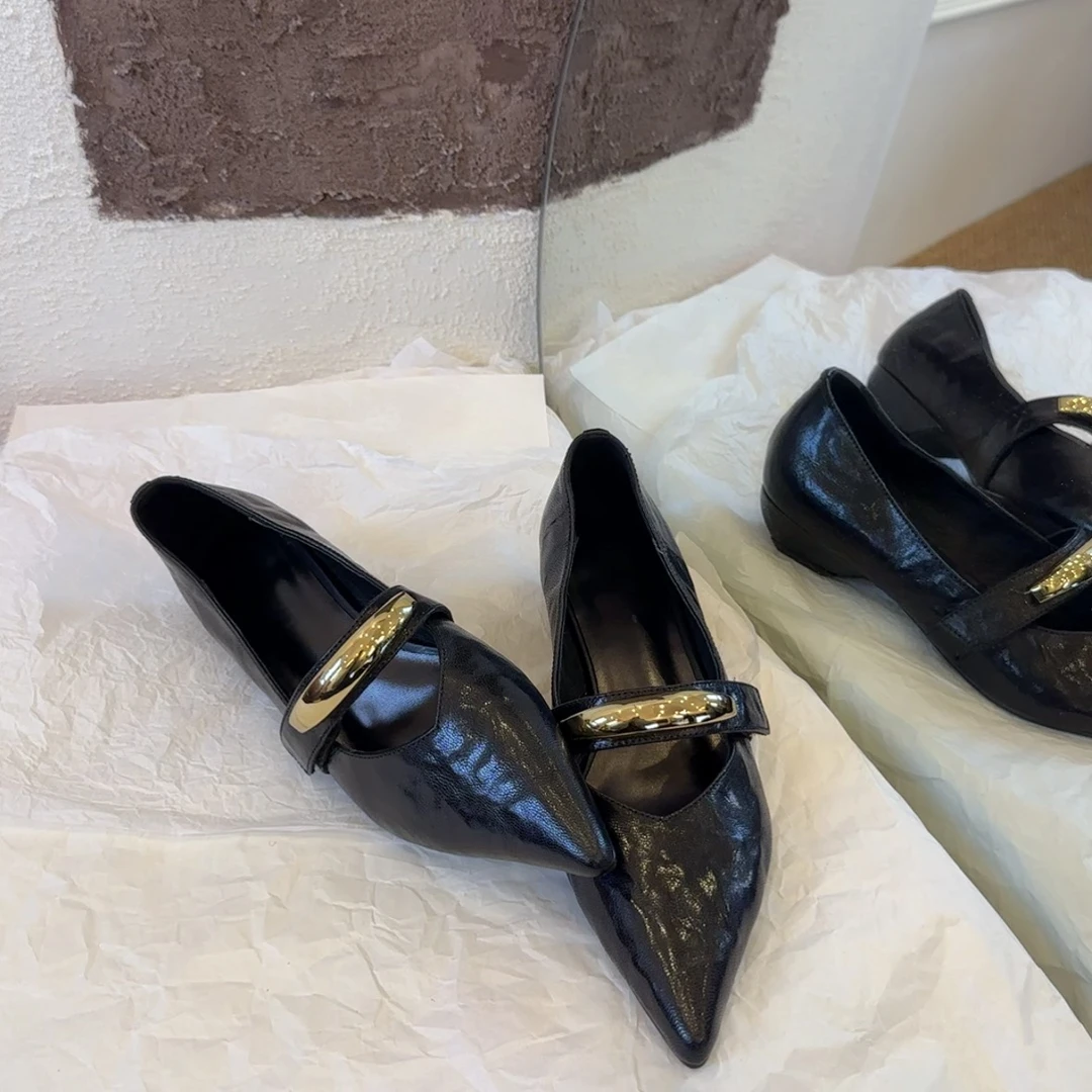 【王二今】羊皮/4CM/尖头粗跟气质优雅欧若风一字带玛丽珍浅口单鞋