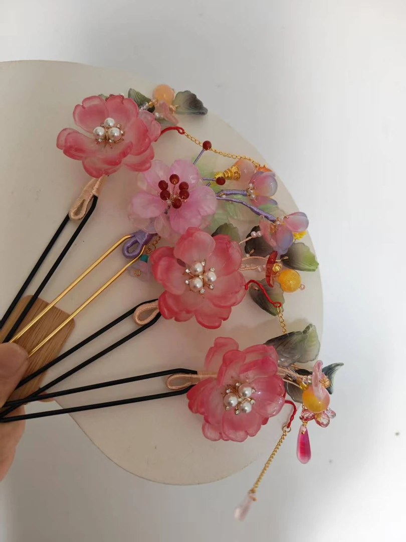 国风汉服日常橙色黑色蓝色粉色系列花头饰