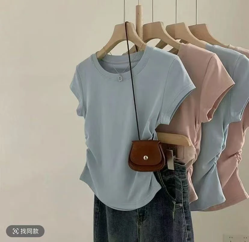 休闲风圆领短袖常规款褶皱T恤泡泡袖宽松牛仔风日系