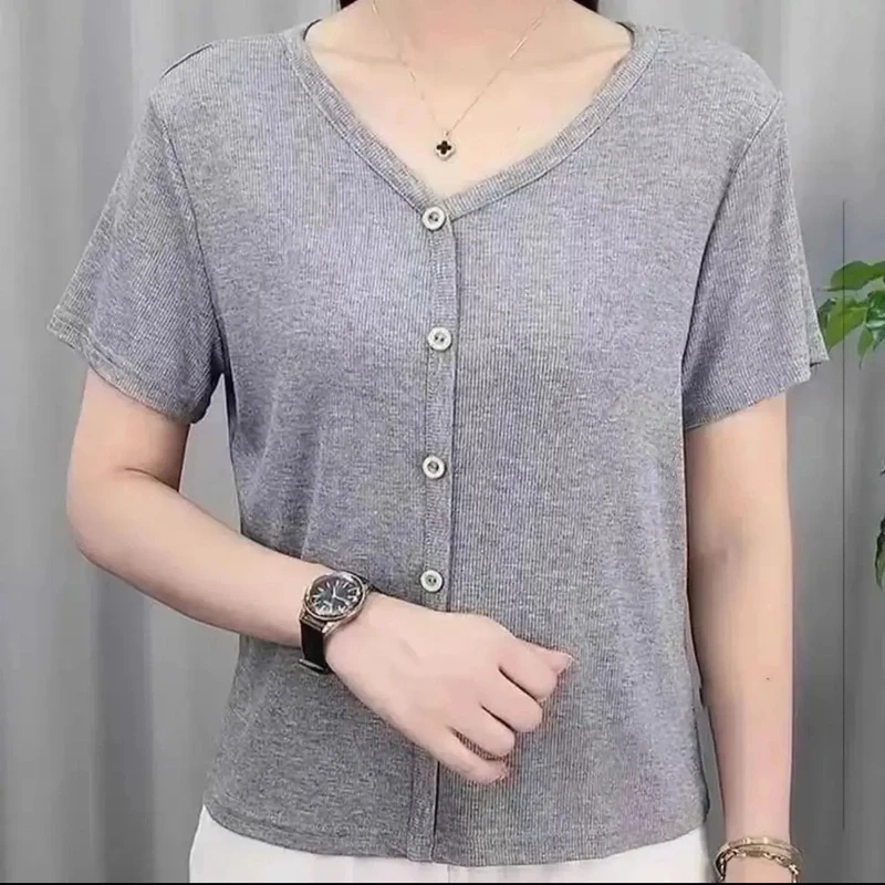 夏季女士V领纯色短袖T恤显瘦百搭休闲气质上衣