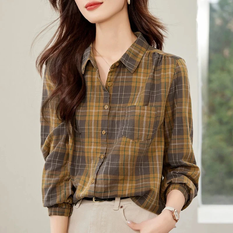 文艺格子衬衫女秋季新款文艺宽松显瘦时尚洋气百搭高档衬衣女009