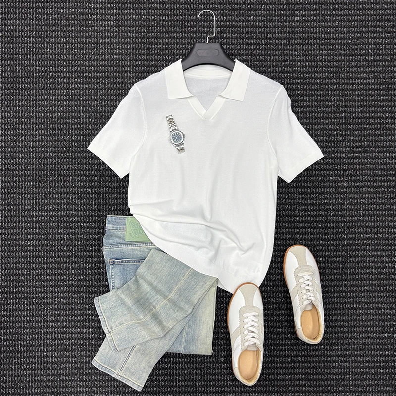 意式绅装莱赛尔高定海鸥领休闲针织POLO衫 男士商务翻领短袖T恤男