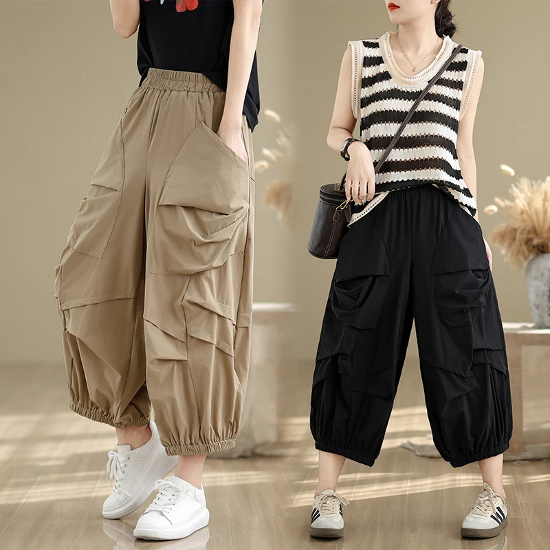夏季新款褶皱大口袋时尚休闲垮裤女松紧腰大码宽松显瘦束脚七分裤