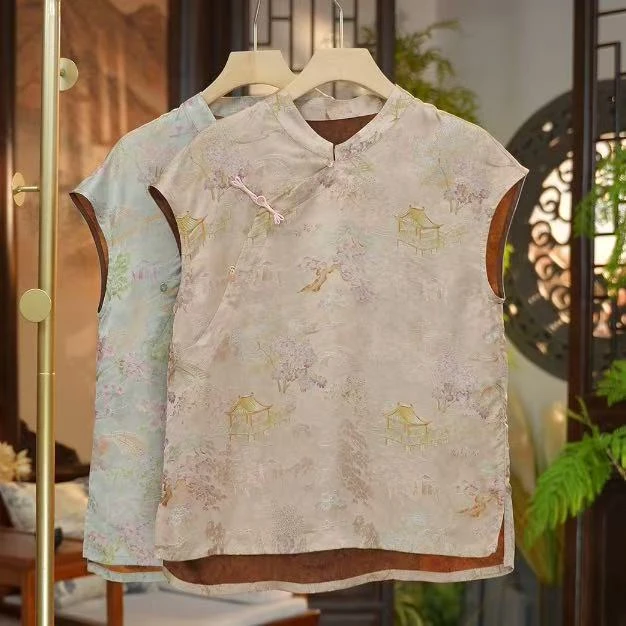 爆款时尚新款新中式女装亭台楼阁短网红夏季复古长款中国风印花