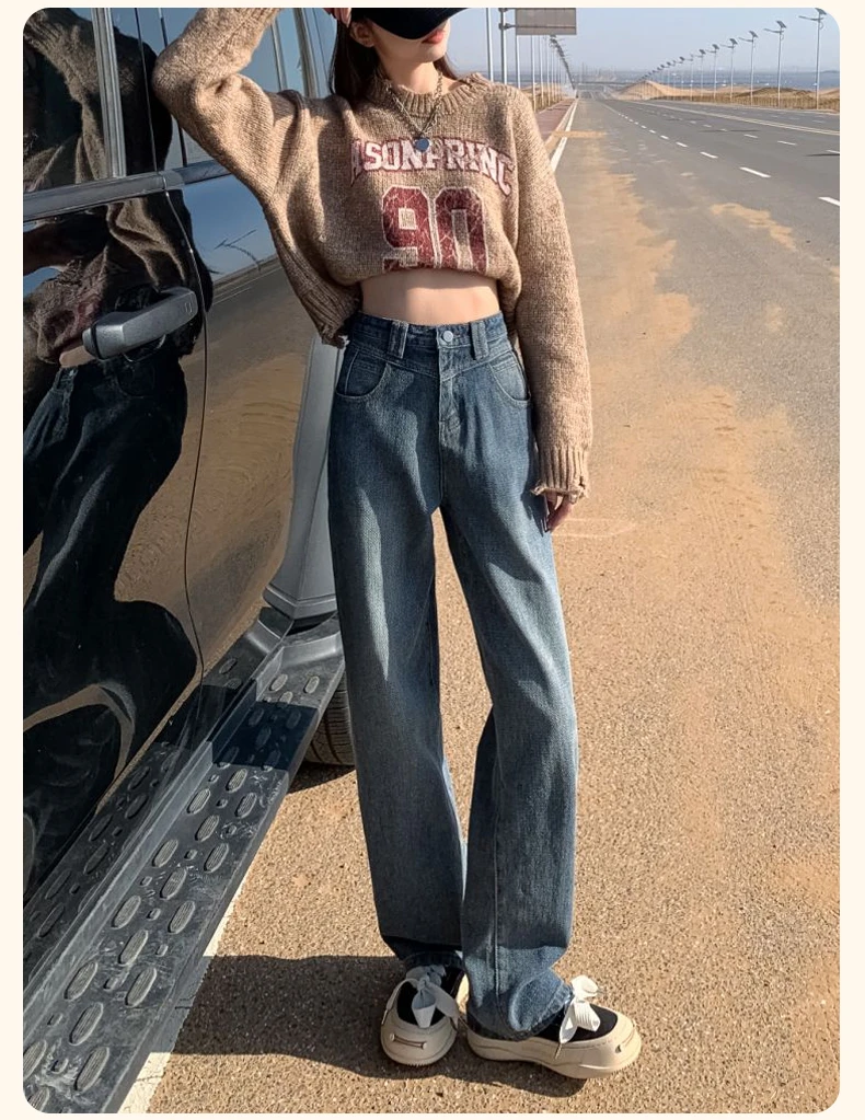 ZHENYIFANG/真衣坊复古美式垂感阔腿牛仔裤女高腰显瘦直筒裤Y517