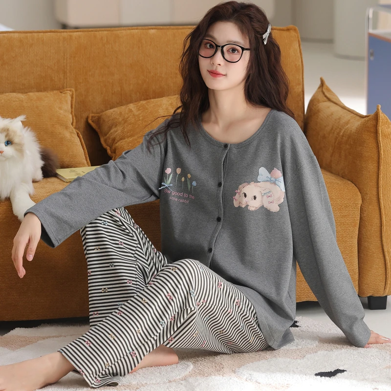 【灰色黑白条纹小狗】春季新款云舒棉时尚原创设计可外穿睡衣家居服