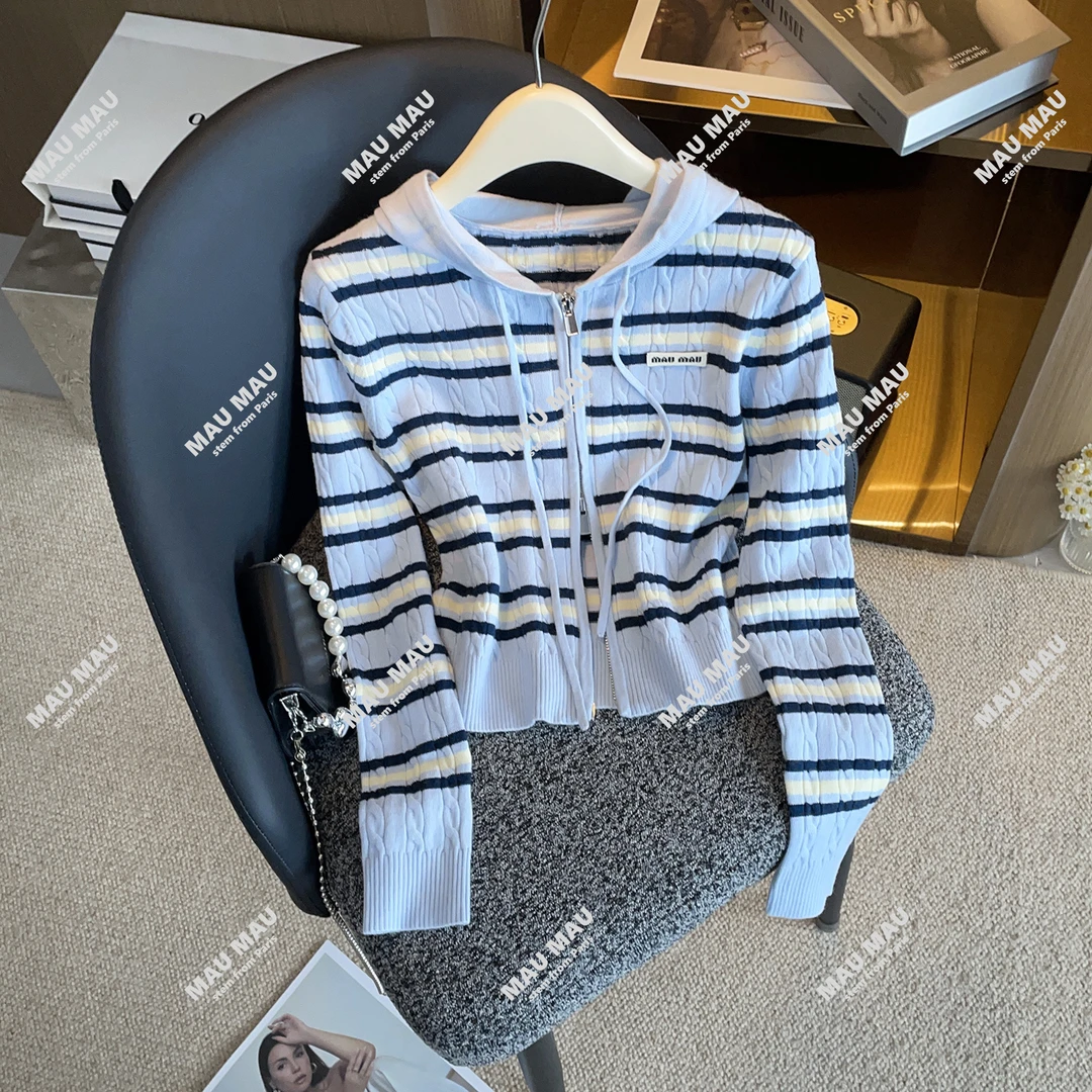 撞色细条纹线针织开衫新款双拉链毛衣DY9362