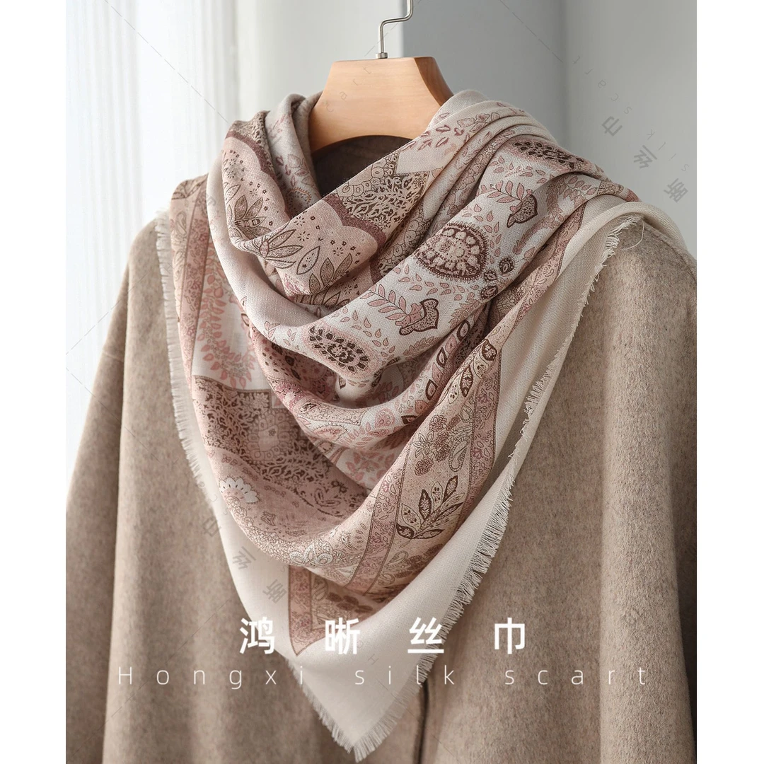真丝羊毛lp钻石纹粉末色复古腰果135方巾丝巾围巾披肩外搭H299