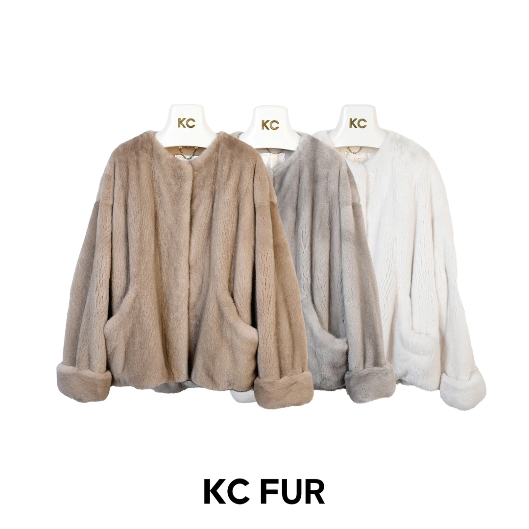 KC【天然皮草】圆领挽袖短款水貂人生皮草65cm-K8397