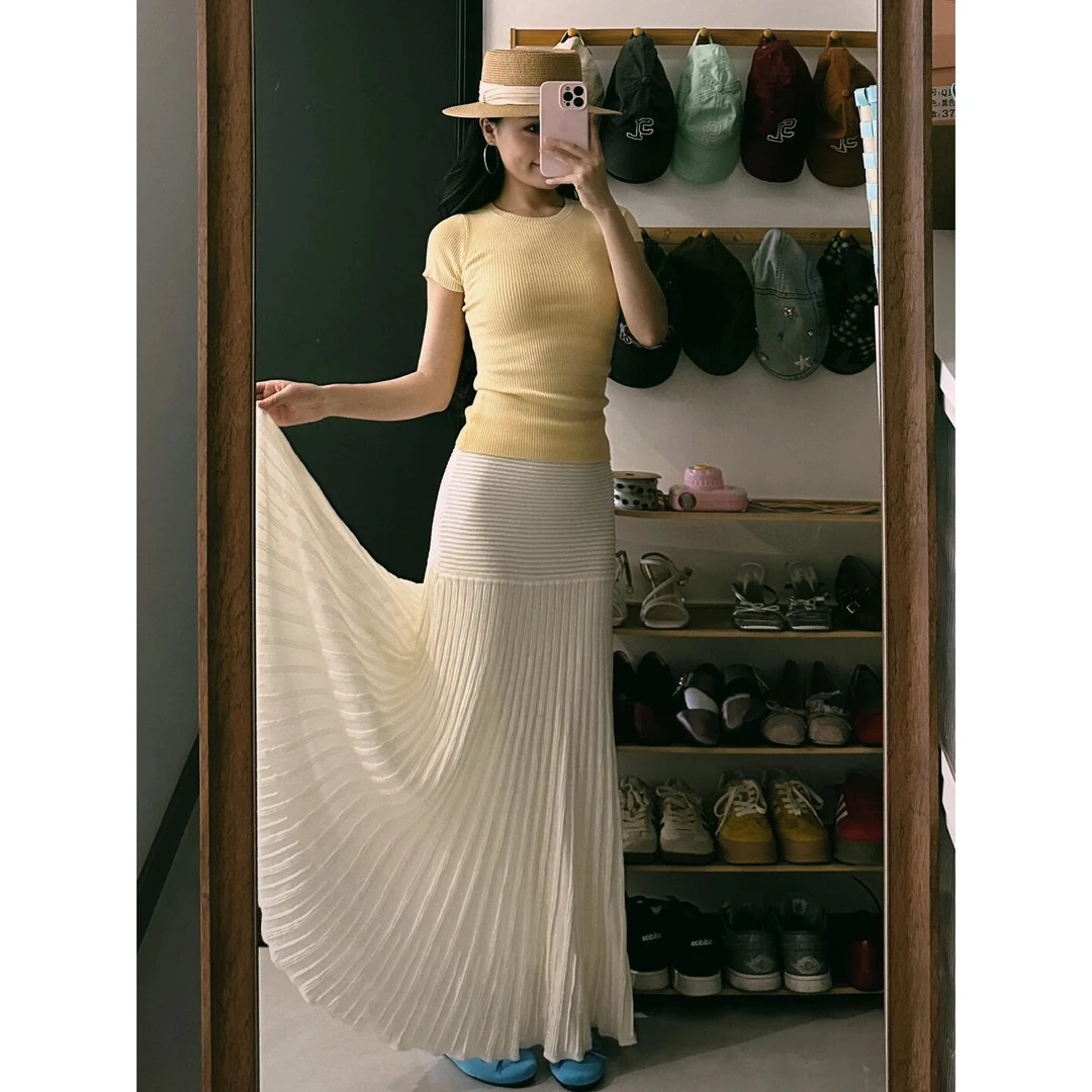 2025夏季新款小个子短袖针织上衣夏大摆半身裙一套两件套装女款