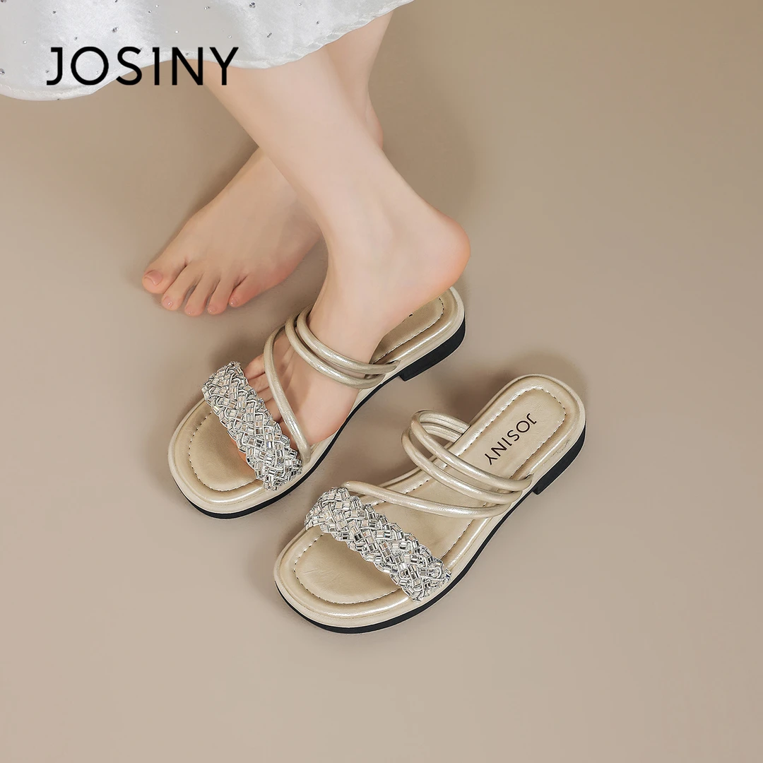 卓诗尼小众凉鞋女2025新款夏季外穿露趾拖鞋平底坡跟水钻法式凉拖