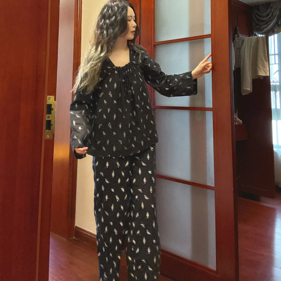 春夏季碎花女纯棉全棉长袖长裤女睡衣舒适印花宽松家居服套装A类