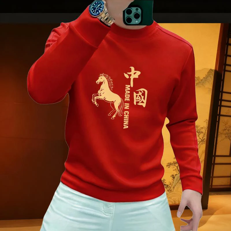 潮流网红男士上衣秋冬新款国潮印花圆领红色长袖时尚百搭打底卫衣