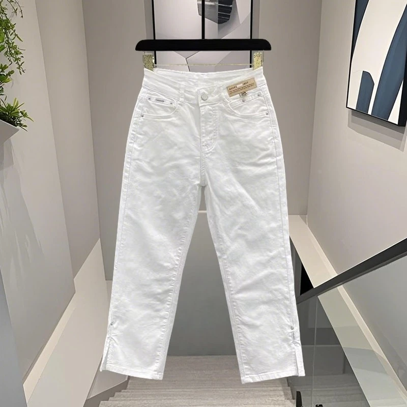 白色牛仔直筒裤女2025夏季新款百搭显瘦开 叉休闲 小个子八分烟管