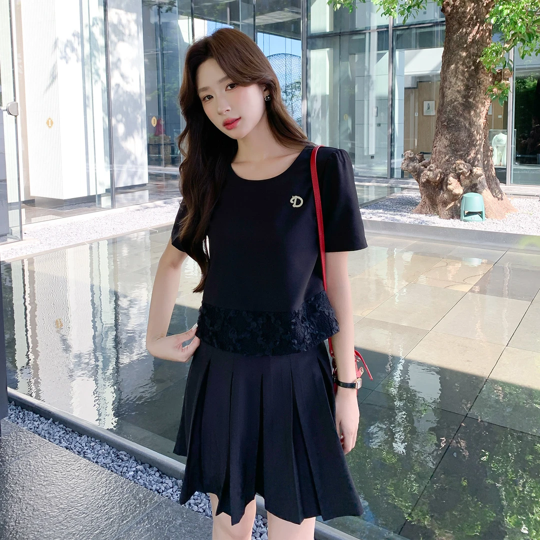 奢姿大码女装2025夏季减龄提花拼接两件套胖妹妹钉珠时尚百褶套装