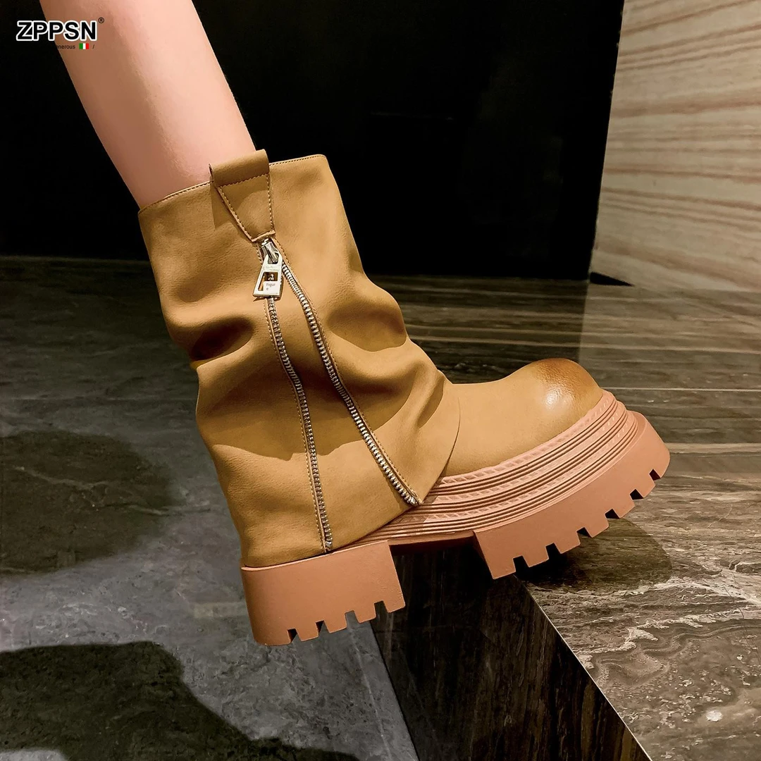 ZPPSN8cm高跟厚底松糕底短靴女秋冬新款英伦风裤管靴加绒时尚马丁