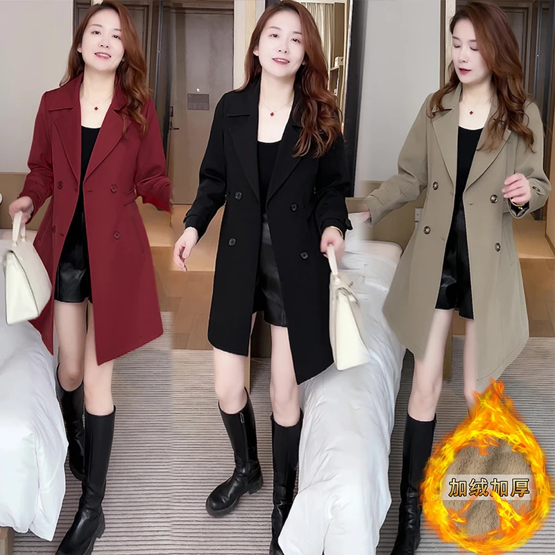 风衣外套女6022 秋冬季加绒加厚显瘦时尚西装领小个子中长款外衣