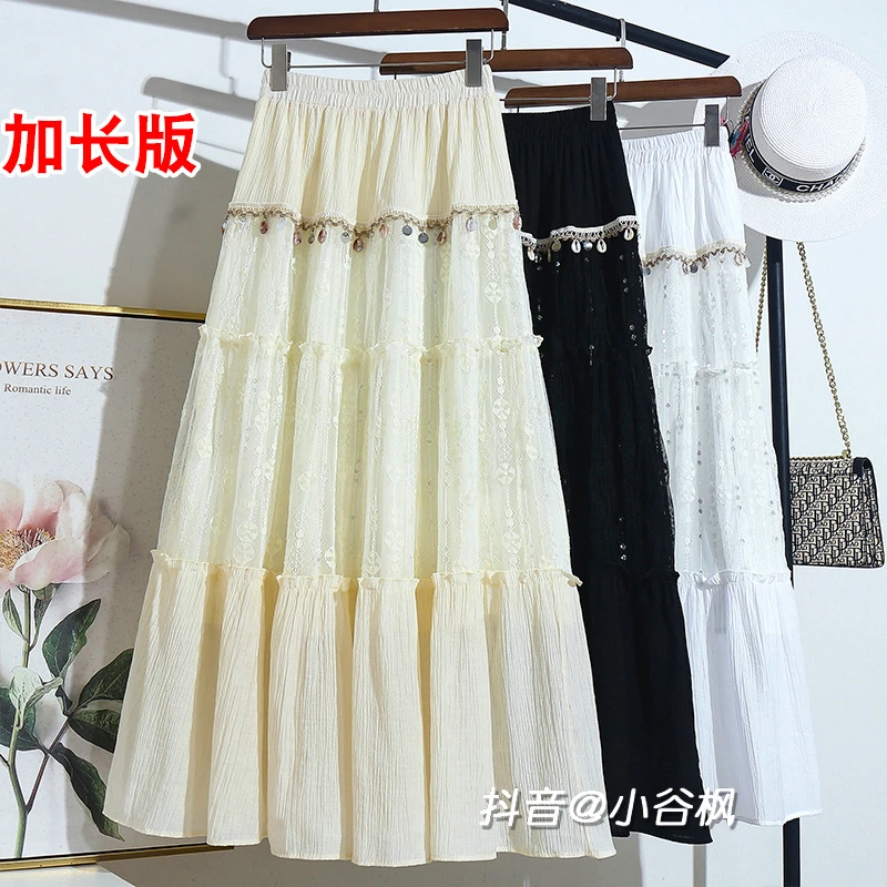 洋气爆款绝美亮片白色半身裙女款夏季2025新款流苏高腰蛋糕长裙子