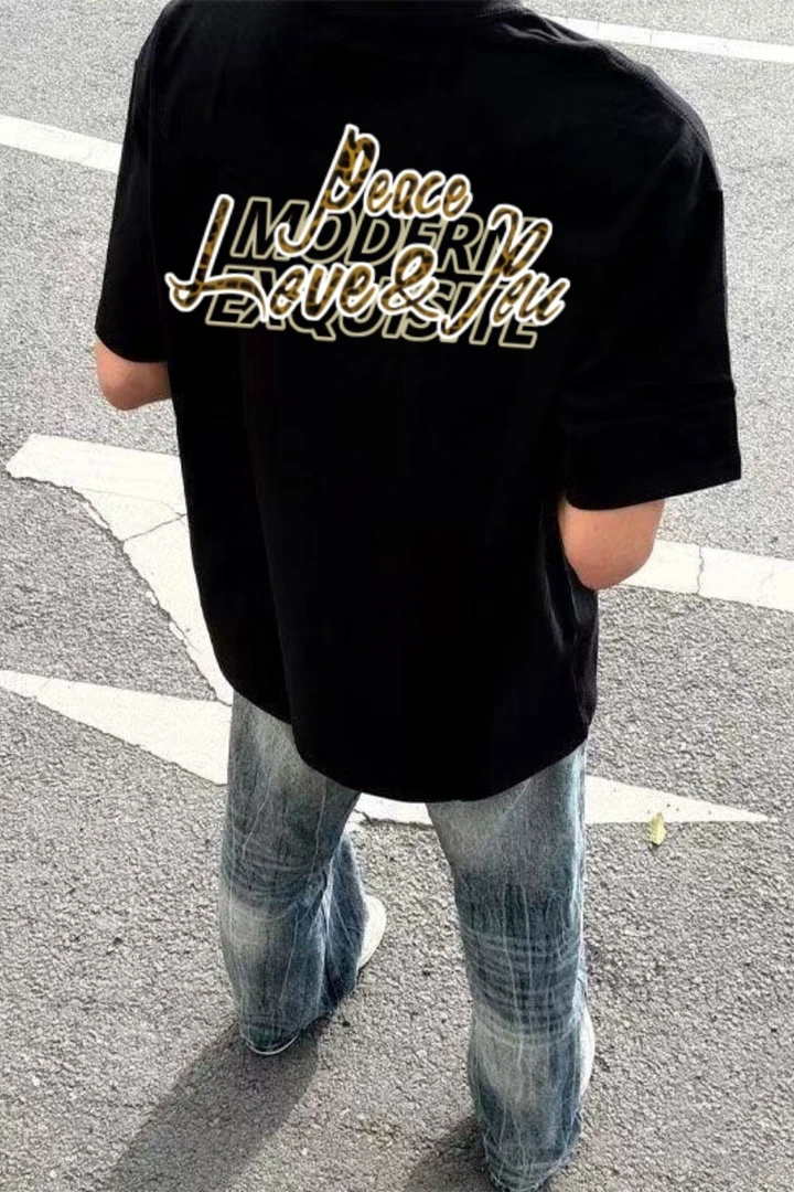 100%重磅纯棉潮牌半袖豹纹字母短袖印花T恤男女夏季宽松情侣休闲