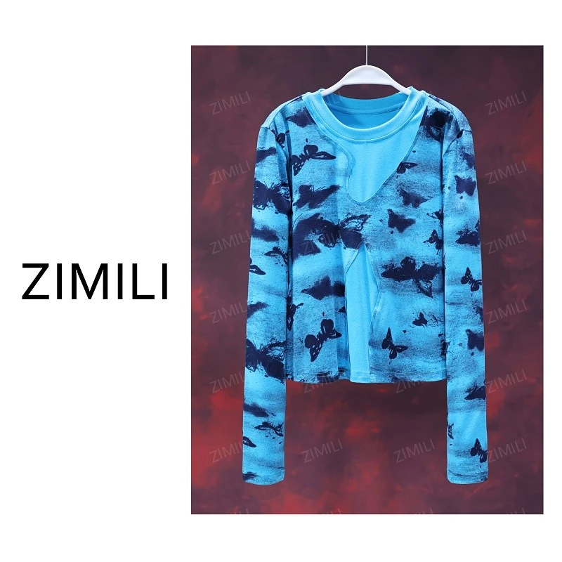 【亮哥女装】2025冬季新品《沧海》孔雀蓝蝴蝶水墨印花打底衫6250-E8