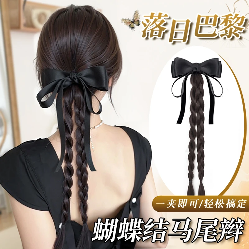 高马尾仿真发假发辫子女蝴蝶结抓夹编发飘带发饰新中式马尾辫子头