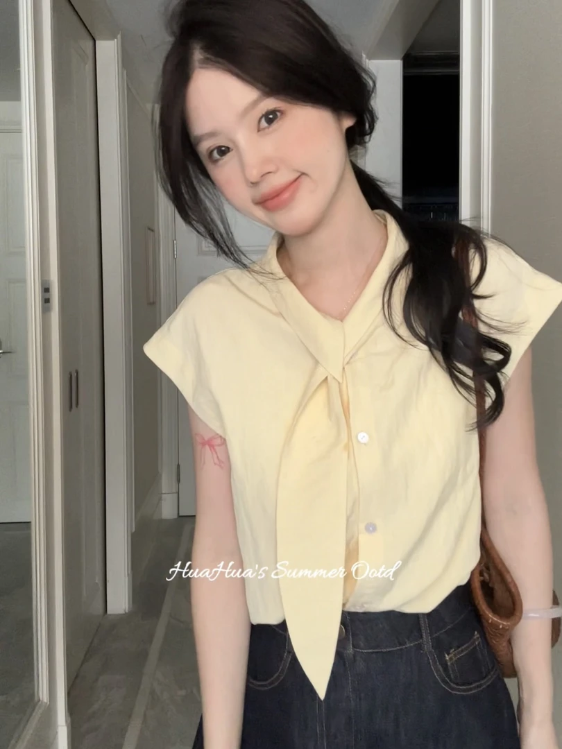 杏运黄~韩系简约休闲宽松显瘦飘带领小盖袖衬衫