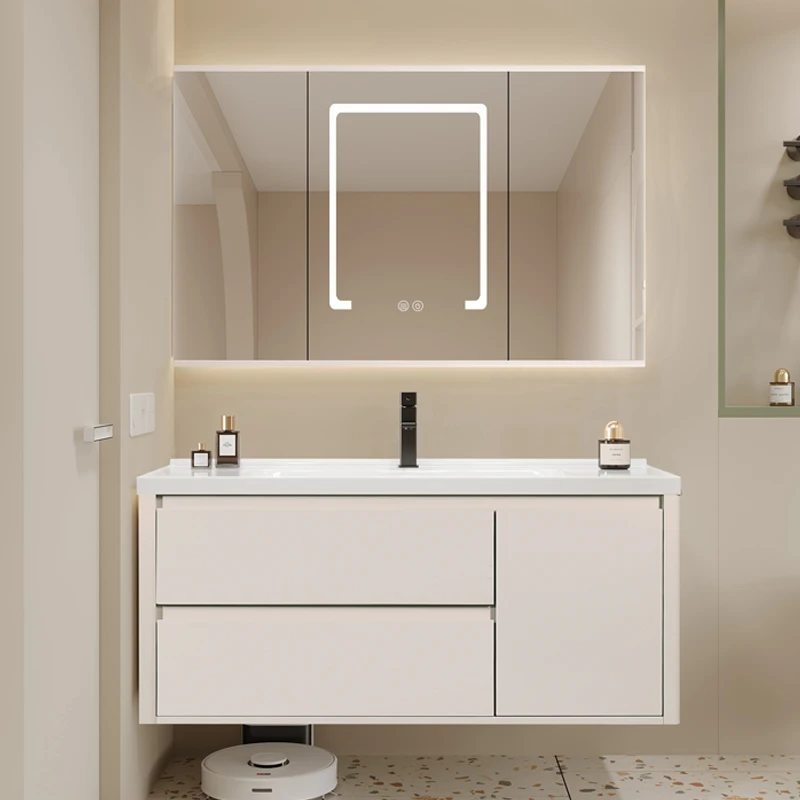 新款奶油风浴室柜组合现代简约卫生间洗漱台陶瓷一体盆洗手洗脸盆