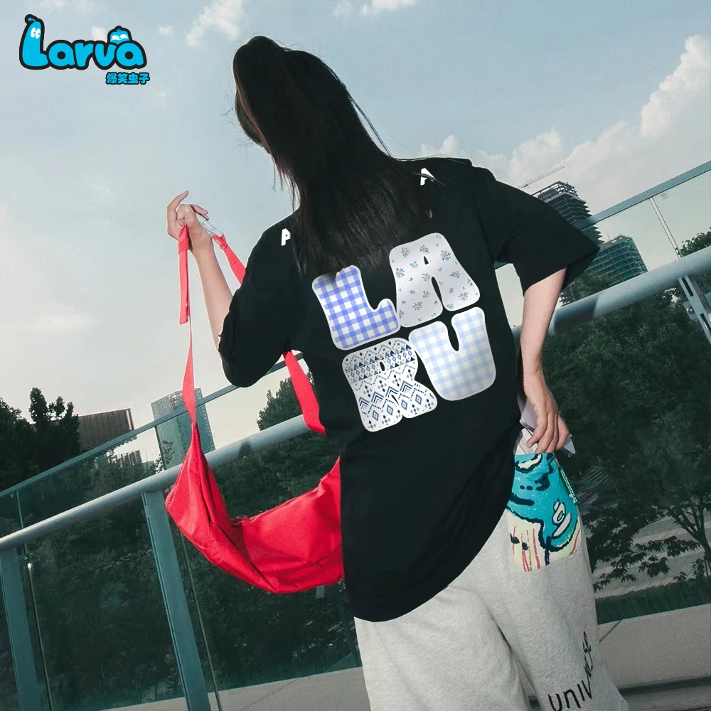 LARVA/爆笑虫子纯棉彩格国潮民族风爆款短袖男t恤宽松夏季半袖女
