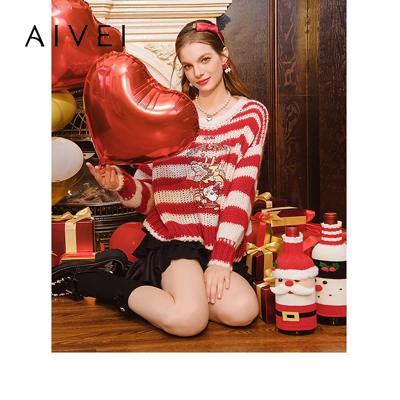 AIVEI艾薇24春季国潮新年款龙年红色条纹毛衣针织衫R0160103