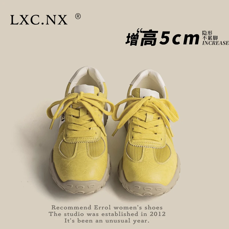黄色薄款德训鞋女2025夏季新款网面透气内增高户外运动板鞋阿甘鞋