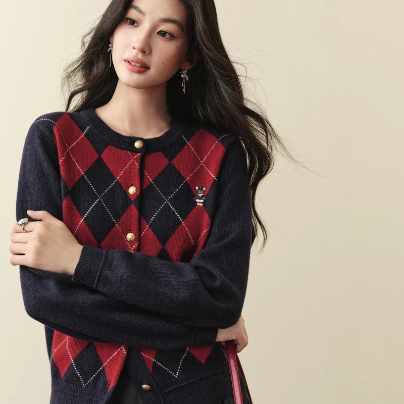 【孟子义同款】诗凡黎复古撞色菱形格针织开衫秋新款长袖7G9132991