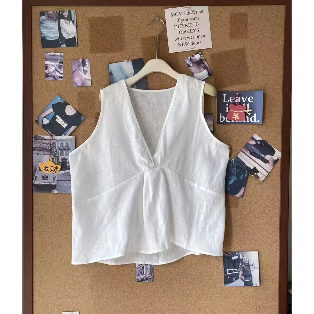 100%亚麻V领无袖背心扭结