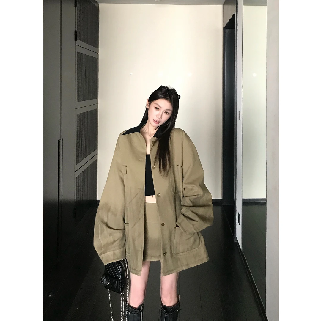 SKKSkk Store PRA*A 翻领做旧复古新款多口袋廓形工装外套半身裙